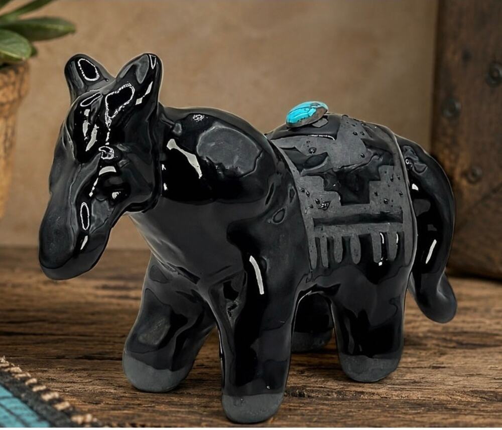 R Martinez Native American Blackware Burro Donkey Pottery Turquoise Signed